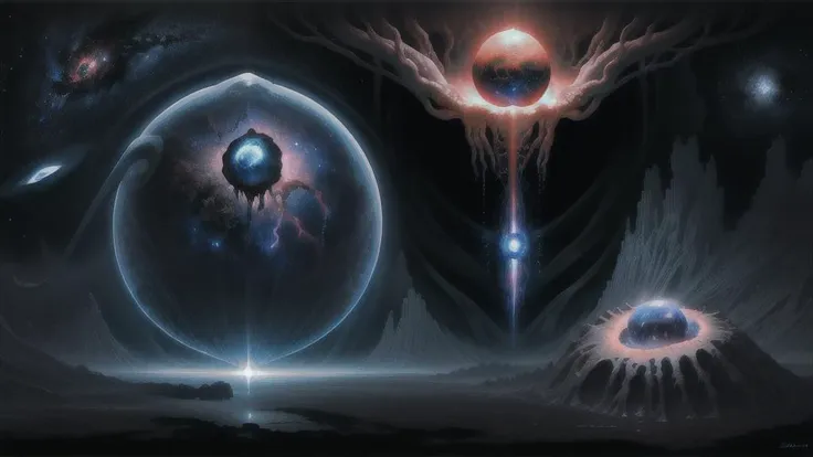 high quality, high resolution, extreme detail, masterpiece, (face:0.3), (disembodied hand:0.1), space, stars, planets, supernova, black hole, nebula, in the style of Zdzislaw Beksinski, surreal