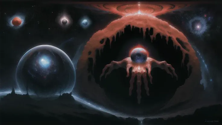 high quality, high resolution, extreme detail, masterpiece, (face:0.3), (disembodied hand:0.1), space, stars, planets, supernova, black hole, nebula, in the style of Zdzislaw Beksinski, surreal