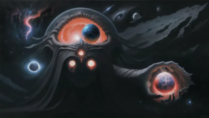 high quality, high resolution, extreme detail, masterpiece, (face:0.3), (disembodied hand:0.1), space, stars, planets, supernova, black hole, nebula, in the style of Zdzislaw Beksinski, surreal