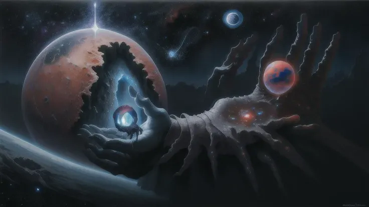 high quality, high resolution, extreme detail, masterpiece, (face:0.3), (disembodied hand:0.1), space, stars, planets, supernova, black hole, nebula, in the style of Zdzislaw Beksinski, surreal