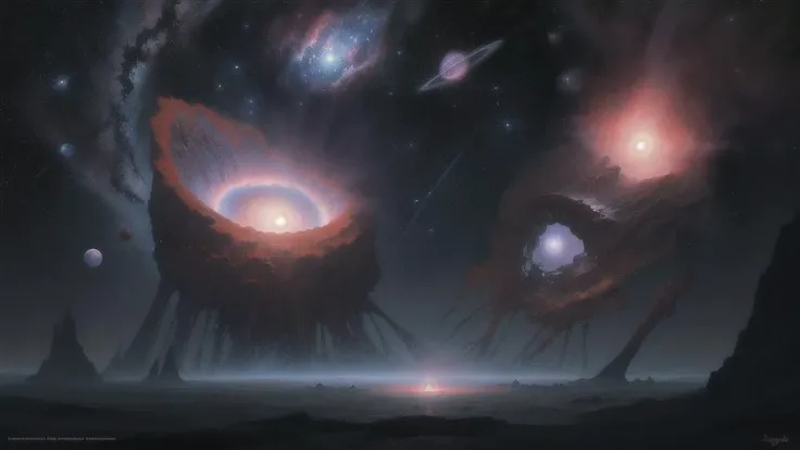high quality, high resolution, extreme detail, masterpiece, space, stars, planets, supernova, black hole, nebula, in the style of Zdzislaw Beksinski