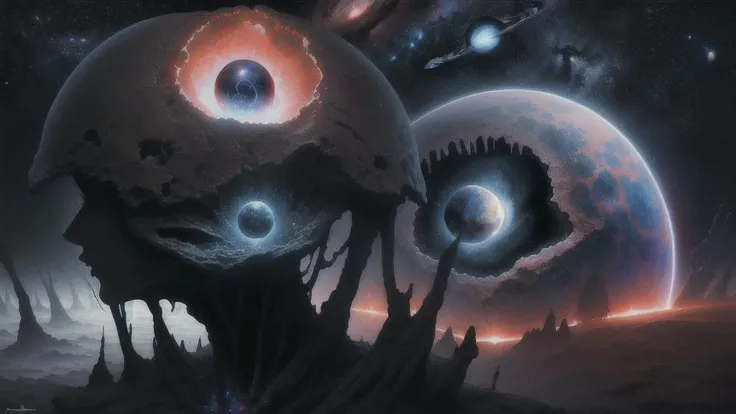 high quality, high resolution, extreme detail, masterpiece, face, space, stars, planets, supernova, black hole, nebula, in the style of Zdzislaw Beksinski, surreal