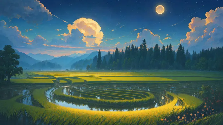 (masterpiece:1.2, best quality), (ultra-detailed), (nostalgia and peacefulness:1.3), professional (landscape painting) of nature, (the rice field at night), moonlighting, (moonlight on trees leaves, dark cloud, dark night, full moon, dark lighting), (illustration), (ultra highres), (delicate illustration), (hyper-detailed), (super detail:1.3), professional lighting, cinematic lighting