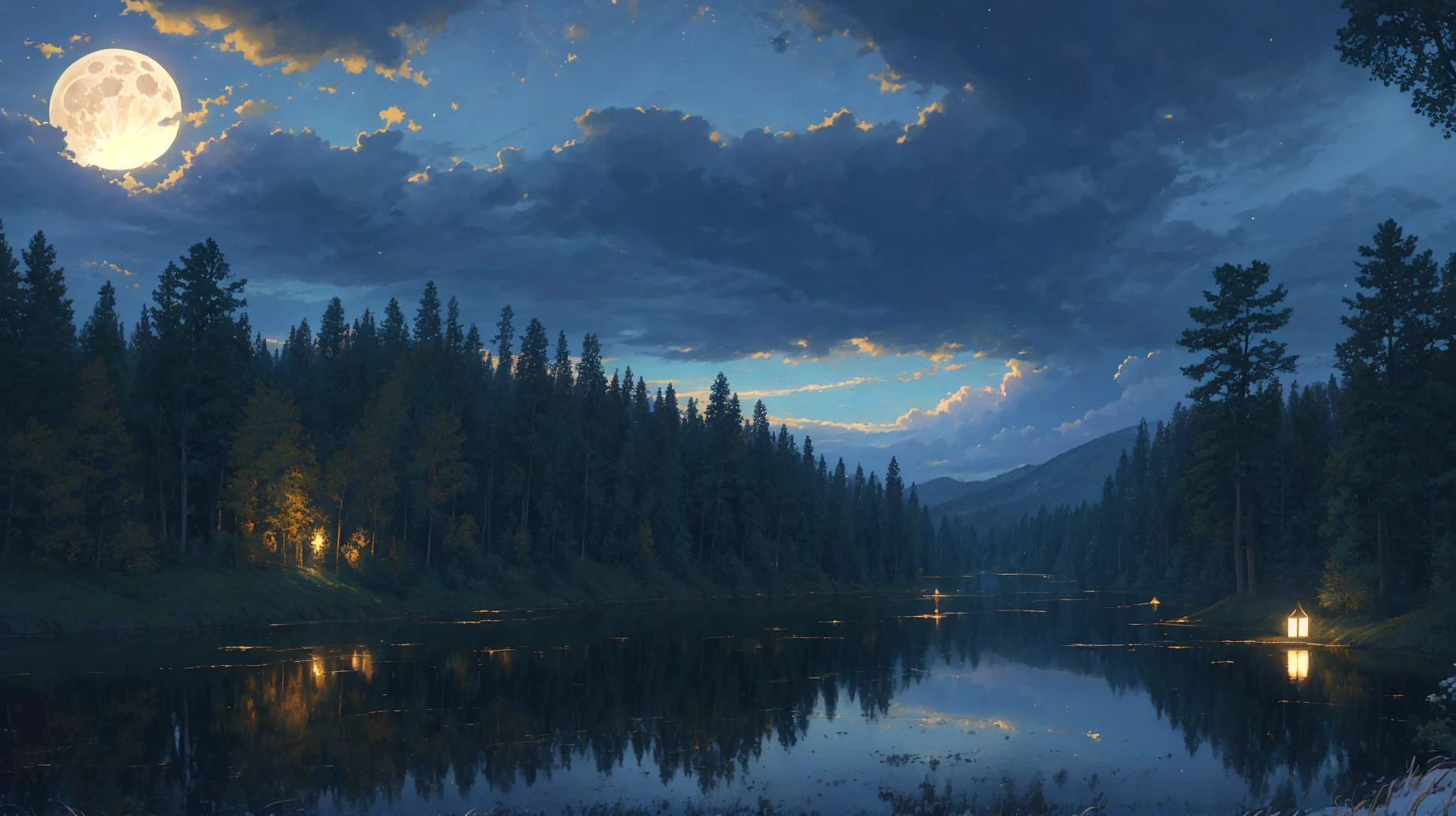 (masterpiece:1.2, best quality), (ultra-detailed), (illustration), (ultra highres), (delicate illustration), (hyper-detailed), (super detail:1.3), professional lighting, cinematic lighting, (nostalgia and peacefulness:1.3), professional (landscape painting) of natures, moon lighting, moon light on trees leaves, (dark cloud, dark night, full moon, dark lighting)