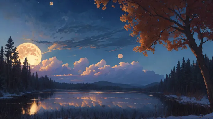 (masterpiece:1.2, best quality), (ultra-detailed), (illustration), (ultra highres), (delicate illustration), (hyper-detailed), (super detail:1.3), professional lighting, cinematic lighting, (nostalgia and peacefulness:1.3), professional (landscape painting) of natures, moon lighting, moon light on trees leaves, (dark cloud, dark night, full moon, dark lighting)