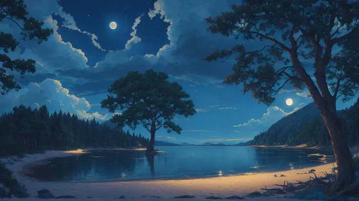 (masterpiece:1.2, best quality), (ultra-detailed), (nostalgia and peacefulness:1.3), professional (landscape painting) of nature, (the beach at night), moonlighting, (moonlight on trees leaves, dark cloud, dark night, full moon, dark lighting), (illustration), (ultra highres), (delicate illustration), (hyper-detailed), (super detail:1.3), professional lighting, cinematic lighting
