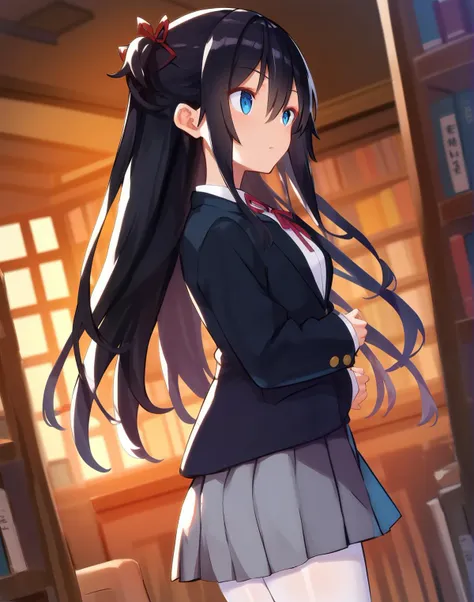 score_9, score_8_up, score_7_up,score_6_up, 1girl in the library,   <lora:caburi_style_pony6_v1-000018:1> blue eyes, skirt, black hair, long hair, shirt, pleated skirt, white shirt, ribbon, school uniform, black jacket, hair between eyes, blazer, grey skirt, two side up, collared shirt, neck ribbon,long sleeves, red ribbon, hair ribbon, very long hair, white pantyhose, from side, looking away, dutch angle, cowboy shot,