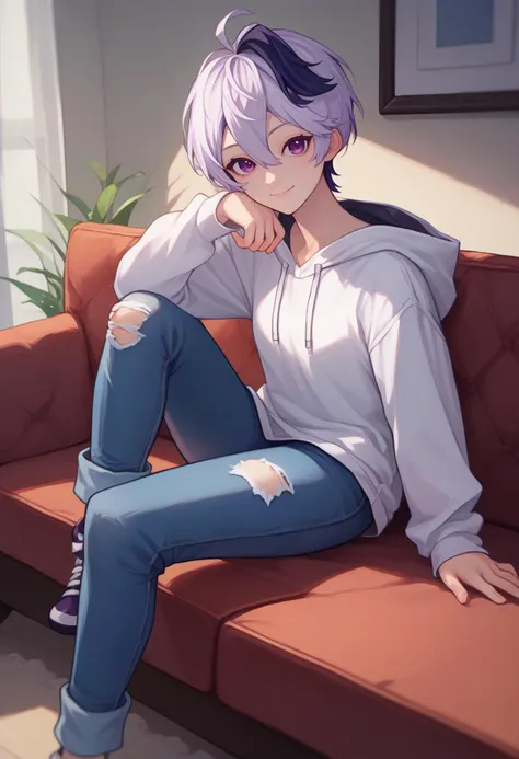 score_9, score_8_up, score_7_up, solo, 1girl, vocaloidflowerv4, slight smile, looking at viewer, sitting, couch, short hair, streaked hair, white hair, purple hair, white hoodie, jeans, torn pants, indoors <lora:vocaloid_flower_ponyXL-000008:1>