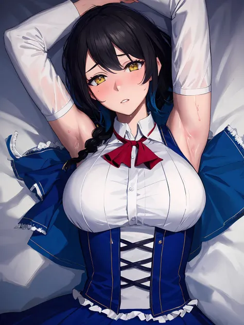 (8k, best quality, masterpiece:1.2),(best quality:1.0),ultra highres:1.0, extremely detailed, render, 4k, absurdres, HDR, looking at viewer, sexy, thighs, lips, parted lips, medium breasts:1.3,  wet, lying on back, lying on white sheet, kamisato_ayaka, blue lingerie:1.2, bra, underwear