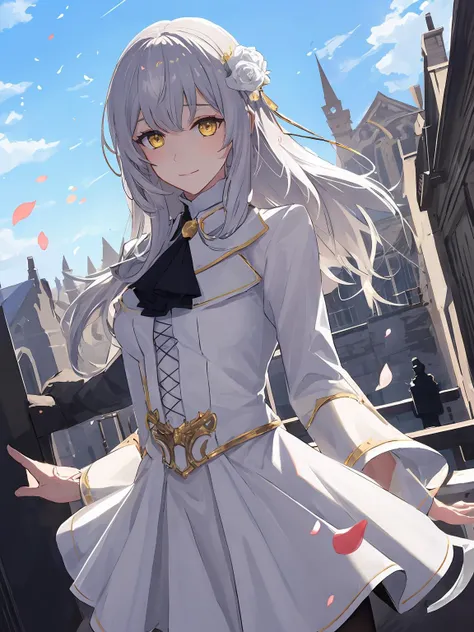 masterpiece,best quality,highres,cinematic lighting,dramatic angle,<lora:NightOfRevengeV1-000012:0.8>,1girl,Candore,yellow eyes,smile,white hair,white dress,gauntlets,hair flower,gothic architecture,holy light,depth of field,turtleneck,black bowtie,gold-trimmed,multi-layered skirt,black pantyhose,cross-laced footwear,adjusting hair,straight-on,cowboy shot,wind,leaning forward,from below,,petals,blue sky,pigeons,outdoors