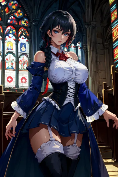 (masterpiece, best quality, ultra detailed, absurdres)1.5, 1girl, (sexy, beautiful woman, perfect face, perfect eyes, perfect female body, kkw-h-bb, huge breasts)1.5, (Black hair, braids, gradient hair(multicolored hair), yellow eyes, collar, red bowtie, bare shoulders, detached long blue sleeves, corset, blue skirt, frills, white thighhighs, garter straps, high boots, <lyco:NightOfRevengeV1:0.7>), (standing inside a medieval cathedral), perfect lighting, smooth, hdr
