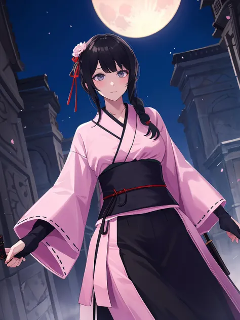 masterpiece,best quality,highres,cinematic lighting,dramatic angle,<lora:NightOfRevengeV1-000012:0.8>,Suzune,black hair,long hair,pink kimono,long sleeves,obi,black skirt,ribbon,hair ornament,flower knot,fingerless gloves,grey eyes,holding katana,full moon,unsheathing,expressionless,glowing