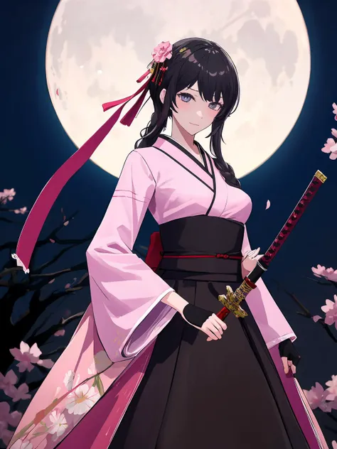 masterpiece,best quality,highres,cinematic lighting,dramatic angle,<lora:NightOfRevengeV1-000012:0.8>,Suzune,black hair,long hair,pink kimono,long sleeves,wide sleeves,obi,black skirt,ribbon,hair ornament,flower knot,fingerless gloves,grey eyes,katana,sheathed,moon,smile,cherry blossoms,looking at viewer,cowboy shot,bangs