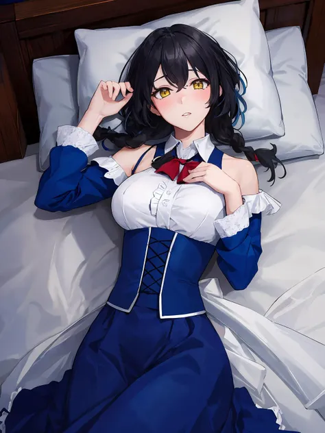masterpiece,best quality,highres,cinematic lighting,dramatic angle,1girl,<lora:NightOfRevengeV1-000012:0.7> ,aradia,black hair,gradient hair,braids,yellow eyes,white shirt,red bowtie,bare shoulders,frills,corset,long blue sleeves,blue skirt,tattoo,portarit,hands on own chest,shy,happy,blush,close-up,lying,on back,bed,arms up,embarrassed,parted lips
