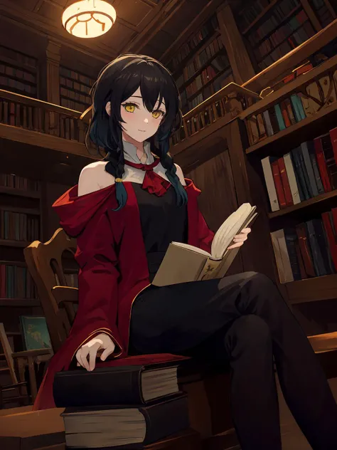 masterpiece,best quality,highres,cinematic lighting,dramatic angle,1girl,<lora:NightOfRevengeV1-000012:0.75> ,aradia,black hair,gradient hair,braids,yellow eyes,young,holding book,reading book,library,looking at viewer,happy,(:d:0.68),sitting,shelf