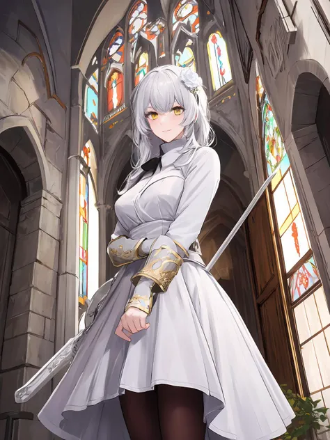 masterpiece,best quality,highres,cinematic lighting,dramatic angle,<lora:NightOfRevengeV1-000012:0.8>,Candore,hair flower,white hair,yellow eyes,white dress,gold-trimmed,gauntlets,dual wielding,holding weapon,cowboy shot,pantyhose,looking at viewer,smile,holy light,church,cross-laced footwear,white rose,action pose,dynatic angle,depth of field,fence,black bowtie,multi-layered skirt,turtleneck