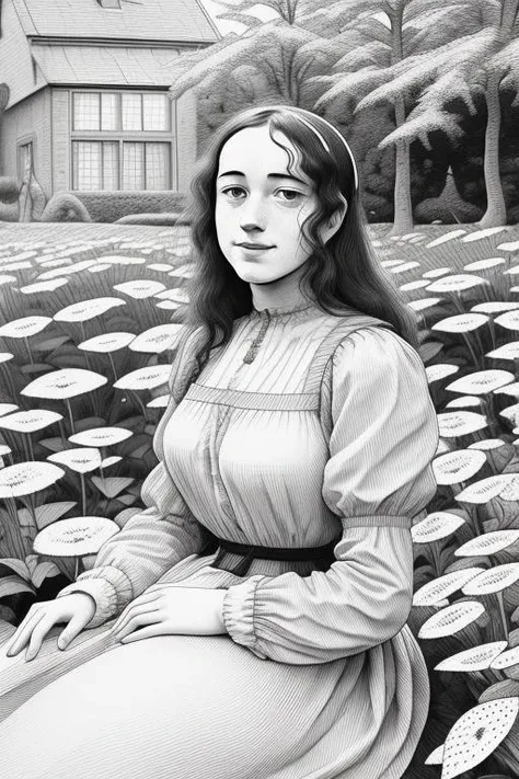 <lora:OskarssonsLinesAndDots:1>, OskarssonsLinesAndDots, drawing, a young woman in a garden, AnneStables