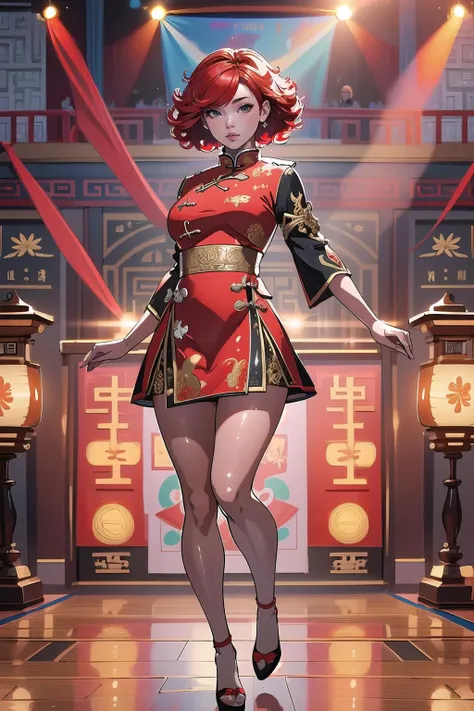 (masterpiece, best_quality, ultra-detailed, immaculate:1.3), epic, illustration, welcoming, 1girl, k-pop idol, red hair, Curls,short bombshell hair, (full body:1), [:revealing costume design:0.2], chinese, at a British concert,, tiptoes<lora:EnvyBeautyMix09:1>