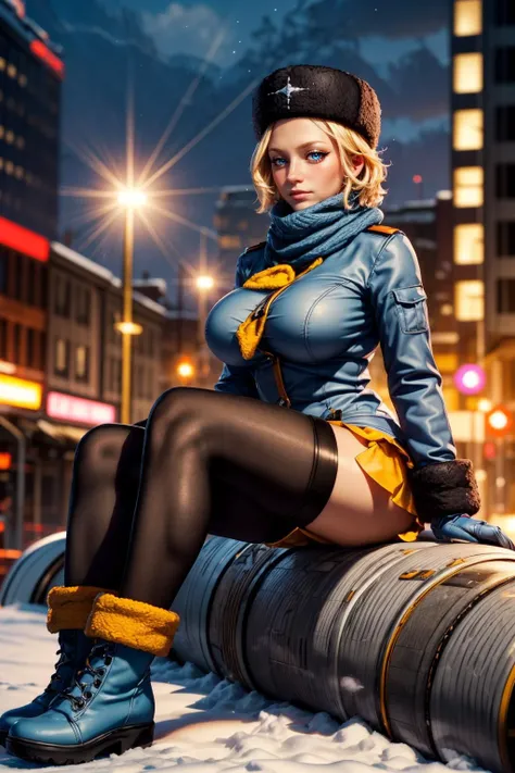 (ultra realistic,32k, masterpiece:1.2),(high detailed skin:1.1),( high quality:1.1),
<lora:SF5Kolin:0.7>(nose blush:1.1),SF4Kolin, blue eyes,blonde hair, blue winter coat, yellow scarf, grey mittens, pantyhose, yellow mini-skirt, boots, short hair, forehead, ushanka, hyperloop transport system, high-speed transportation, vacuum tubes, efficient travel networks blurry background,(looking at viewer, sitting:1.1),, (huge breast,large breast:1.1),<lora:add_detail:0.92>,
(beautifully lit:1.1),