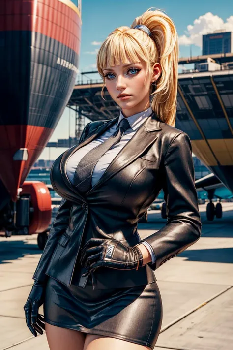 (ultra realistic,32k, masterpiece:1.2),(high detailed skin:1.1),( high quality:1.1),
<lora:SF5Kolin:0.7>(expressionless:1.1),SF4Kolin, blue eyes,blonde hair,  suit, tie, jacket, pencil skirt, side ponytail, long hair, black gloves, heels, skyport plaza, sky-high landing platforms, airship docks, aerial vehicle dealerships, breathtaking city views blurry background,(looking at viewer, standing:1.1),, (huge breast,large breast:1.1),<lora:add_detail:0.91>,
(radiant:1.1),