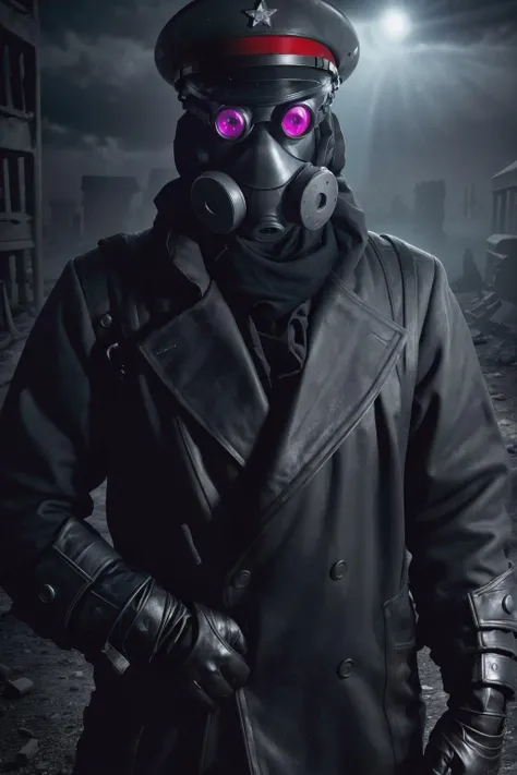 captain_zee, post apocalypse, officer, uniform suit, peaked cap, gas mask, night goggles, cloth cloak, <lora:captain_zee:0.7>, ruined city, dark sky, hard Light, sharp, strong contrast, ultra detailed, 8K, 4K