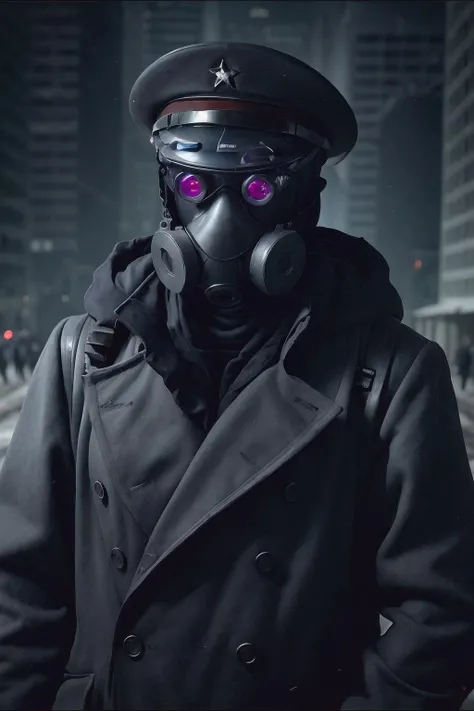 captain_zee, post apocalypse, officer, uniform suit, peaked cap, gas mask, night goggles, cloth cloak,ruined city, dark sky, hard Light, sharp, strong contrast, ultra detailed, 8K, 4K, full body, <lora:captain_zee:0.7>