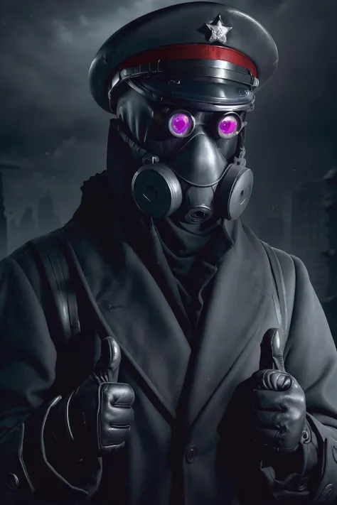 captain_zee, post apocalypse, officer, uniform suit, peaked cap, gas mask, night goggles, cloth cloak,ruined city, dark sky, hard Light, sharp, strong contrast, ultra detailed, 8K, 4K, (thumbs up:1.2) <lora:captain_zee:0.7>