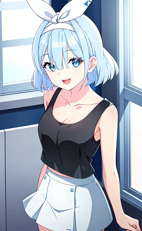 1girl, cowboy shot, standing, Arona, short hair, blue hair, blue eyes, black tank top, white miniskirt, white hairband, collarbone, bare shoulders, bare arms, open mouth, smile, indoors, window <lora:chara-arona-v1:0.6>