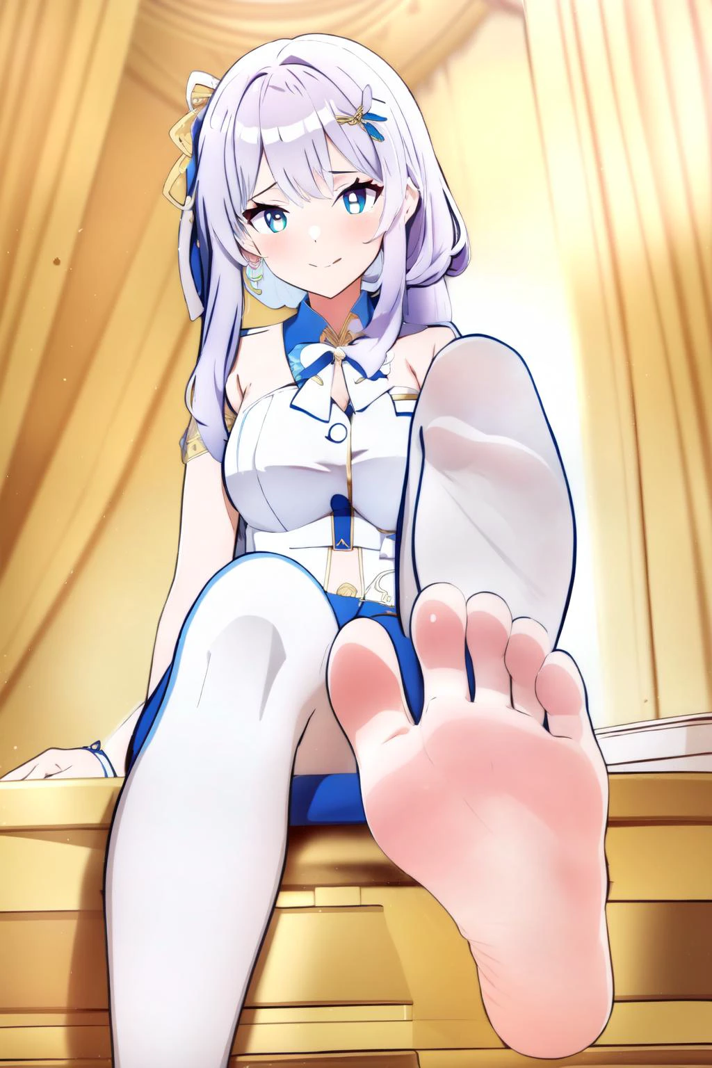 (masterpiece, best quality), intricate details,
1girl, <lora:Pavolia Reine v2b:0.8> pavolia reine, reine-long-hair,very long hair, side ponytail, braided bangs, feather hair ornament, white pupils, single earring,
<lora:foot:0.8> 1girl, foot up,
