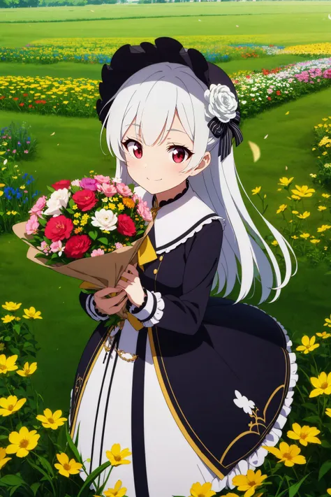 masterpiece, best quality, 1girl, solo, long_hair, looking_at_viewer, white hair, red eyes, smile, bangs, skirt, shirt, long_sleeves, hat, dress, bow, holding, closed_mouth, flower, frills, hair_flower, petals, bouquet, holding_flower, center_frills, bonnet, holding_bouquet, flower field, flower field, colorful
,anime screencap, anime_coloring,anime_keyvisual