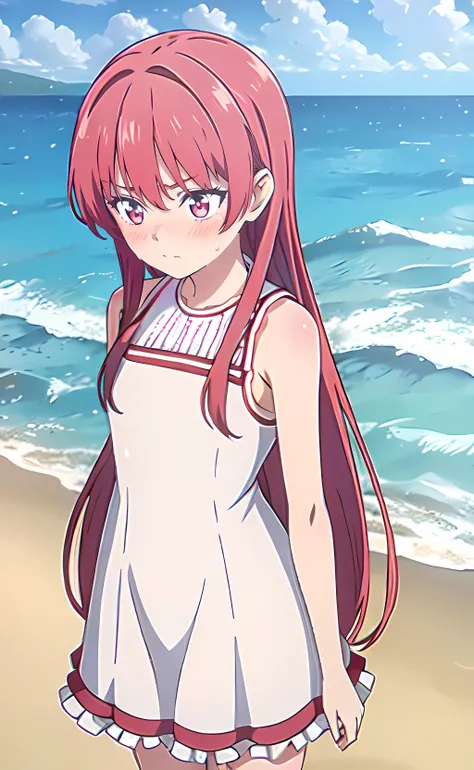 1girl, saki, cowboy shot, standing, long hair, red hair, white dress, frilled dress, sleeveless dress, bare shoulders, bare arms, shy, blush, outdoors, beach, sweat <lora:saki:0.6>