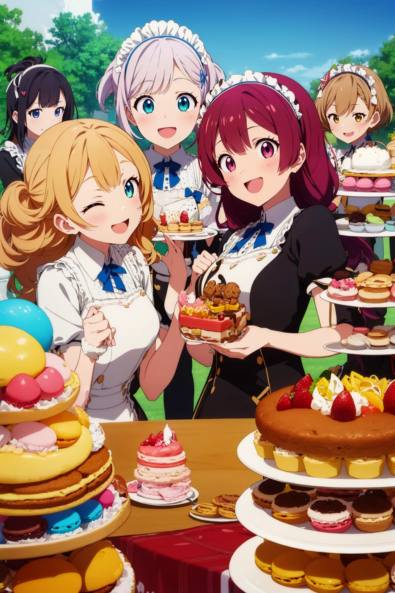 (4+ girls), multiple colored hairs, sweet maids, random cute faces, super happy smiling, open mouth, group shot, zoom camera, sweet tea party, lots of cakes, macarons, chocolates, parfaits, cookies, land of sweets
, anime_coloring,anime_keyvisual, colorful,vivid<lora:envybetterhandsLocon_beta2:1>