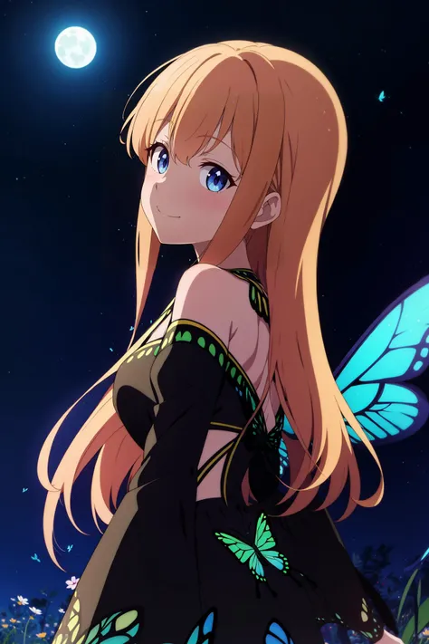 1girl,outdoors,,long_hair,upper_body,butterfly, ((butterfly wings)), ((butterfly print)), butterfly_dress,skirt,breasts,full_body, wings,standing, smile,wide sleeves, bare_shoulders,collarbone, bare_back,from side, looking at viewer, night, night_sky,moonlight
anime screencap, anime_coloring,anime_keyvisual