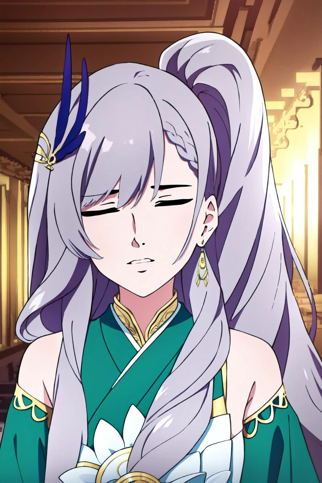 (masterpiece, best quality), intricate details,
1girl, <lora:Pavolia Reine v2b:0.8> pavolia reine, reine-long-hair,very long hair, side ponytail, braided bangs, feather hair ornament, white pupils, single earring,
<lora:Yaranaika:0.8> YaranaikaFace,