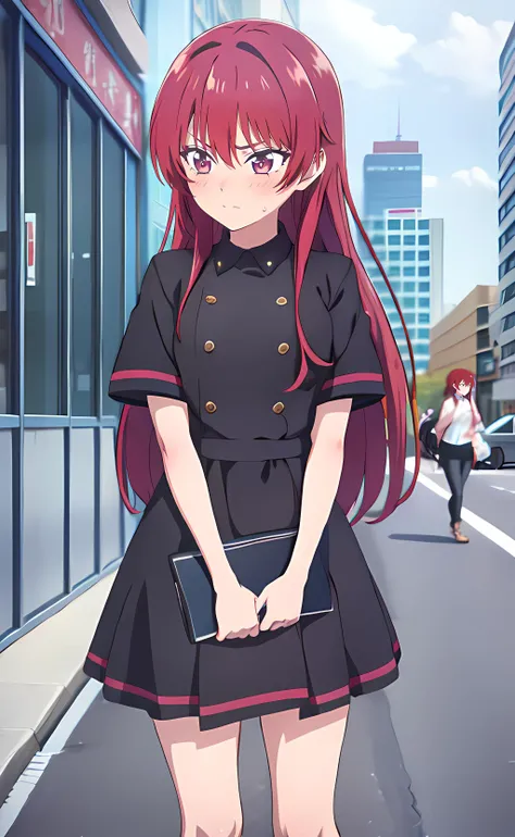 1girl, saki, cowboy shot, standing, long hair, red hair, black dress, short sleeves, shy, blush, outdoors, city, street <lora:saki:0.6>