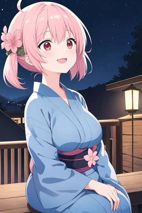 masterpiece, best quality, artbook, 1girl, sit, look up at, cute, happy, ahoge, pink hair, twintails, short hair, red eyes, large breasts, blue yukata, hair flower, outdoors, night,