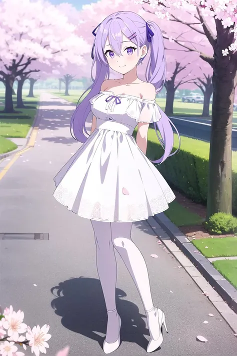 best quality, masterpiece,outdoors, street, sunlight, cherry blossoms, falling petals, full body, 1girl, solo,standing, arms behind back, long hair,twintails, hair between eyes, light purple hair, hairclip,ribbon, earrings, looking at viewer, medium breasts, white sleeveless dress, off-shoulder dress,purple eyes, beautiful detailed eyes,light smile, white see-through pantyhose, white high heels