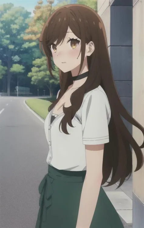 masterpiece, best quality, high resolution, ultra-detailed, illustration, 8K-Illustration, Hyper Detailed,1girl, looking at viewer, blushing, medium chest, perfect anime illustration, black choker, pikkyhori, brown hair, solo, long hair, brown eyes, dirndl, cleavage, view from side, <hypernet:sgqo1n:0.7><lora:Hori:0.7>