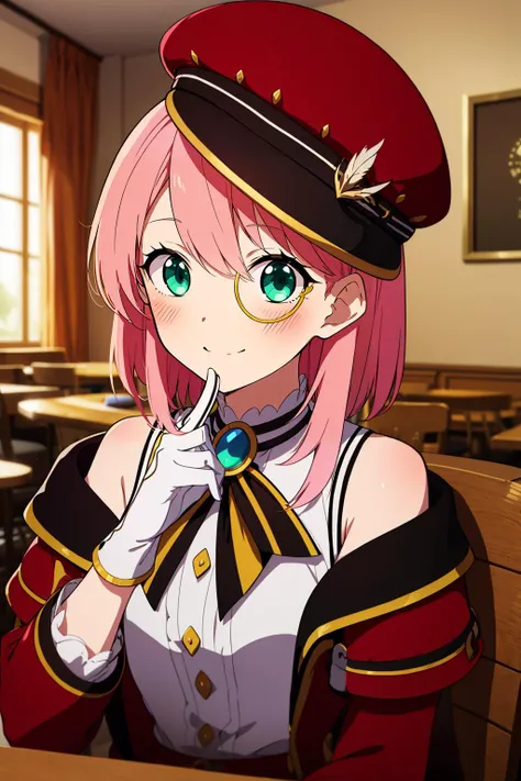 highres, sharp focus, pixiv masterpiece, ((intricate details)), highly detailed,best quality,masterpiece, high res,original, beautiful detailed eyes,ultra-detailed, 1girl, charlotte, hat, medium_hair, monocle, pink_hair, solo, green_eyes, gloves, red_jacket, long_sleeves, off_shoulder, shirt, looking_at_viewer,<lora:charlotte_v1:.8:lbw=OUTD>,red_headwear,looking at viewer, cap,swept bangs, brooch,ribbon,smile,blush,hair_feather,bare_shoulders,white_shirt, indoors,cafe
, anime_coloring,anime_keyvisual, colorful,vivid<lora:envybetterhandsLocon_beta2:1>