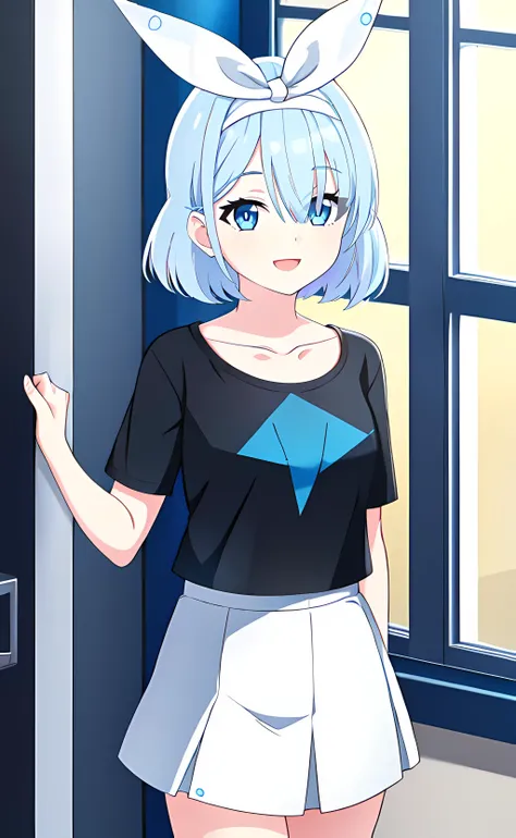 1girl, cowboy shot, standing, Arona, short hair, blue hair, blue eyes, black T-shirt, short sleeves, white miniskirt, white hairband, collarbone, open mouth, smile, indoors, window <lora:chara-arona-v1:0.6>