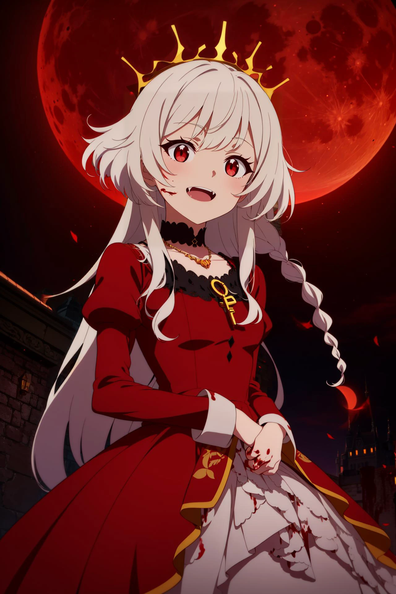 1girl,vampire,vampire_dress,fangs,red_eyes,white_hair,long_hair,braid, red_moon,red_sky,clouds,outdoors,castle,looking at viewer, ((blood_moon)),intricate_dress,roses,ruby,necklace,crown,
anime screencap, anime_coloring,anime_keyvisual