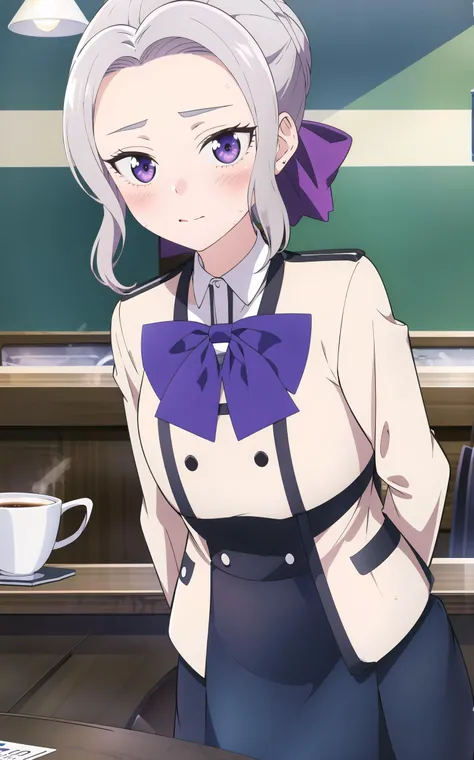 (extremely detailed CG unity 8k wallpaper), (masterpiece), (best quality), (ultra-detailed), (best illustration), (best shadow), (absurdres), 1girl, solo, <lora:shino-11:0.7> BREAK
shino, 1girl, solo, purple eyes, bow,cafe background, looking at viewer, blush, long sleeves, bowtie, skirt, purple bow, buttons, school uniform, grey hair, jacket, shirt, blue skirt, hand up, blue bow, standing BREAK
high quality, 8k, beautiful lighting, beautiful, natural volumetric lighting, high detail BREAK
(perfect hands, perfect anatomy)