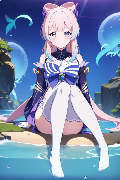 masterpiece, best quality, absurdres, looking at viewer, solo, sangonomiya kokomi (sparkling coralbone), no pupils, sangonomiya kokomi, 1girl, solo, pink hair, bow-shaped hair, long hair, sitting, looking at viewer, gloves, bare shoulders, water, bangs, multicolored hair, no shoes, white gloves, smile, purple eyes, wide sleeves, bow, blue hair, socks, gradient hair, full body, frilled sleeves, fish, thighs, legs, jellyfish, blunt bangs, frills, blush, closed mouth, blue eyes, long sleeves, detached sleeves, knees up, very long hair, feet, vision (genshin impact), hair ornament, water drop, colored tips, white socks, shorts, (large breasts:1.2), white thighhighs <lora:kokomi_1024_Adam8_dim64_kohyaLoRA_fp32_8e-2noise_token2_24-3-2023:.8:OUTD>