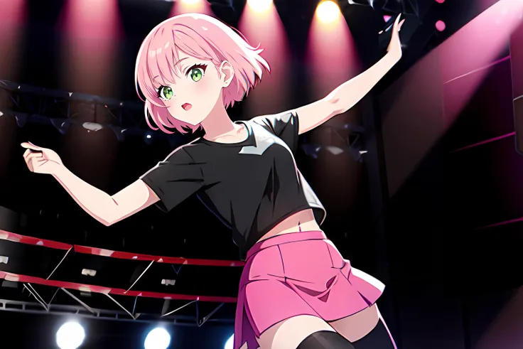 1girl, dancing on stage, short hair, pink hair, green eyes, black T-shirt, short sleeves, pink miniskirt, black thighhighs, spotlight
