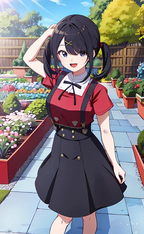 1girl, cowboy shot, standing, Ame-chan, red shirt, black skirt, suspender skirt, open mouth, smile, outdoors, garden, blue sky, sunlight <lora:ame-chanV2:0.6>