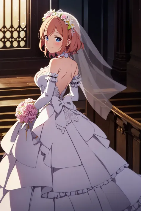 1girl,dress,wedding dress, bridal veil, long_dress,breasts,cleavage,anime screencap, flowers,hair ornament, blush,frills, frilled dress, long sleeves, looking at viewer,bare shoulders, detached sleeves, light_smile,from behind, bare_back,bow,smile