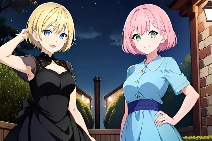 2girls, standing, looking at viewer, outdoors, garden, night, night sky BREAK
1girl, short hair, blonde hair, blue eyes, black dress, short sleeves, open mouth, smile, arm up BREAK
1girl, short hair, pink hair, green eyes, blue dress, short sleeves, closed mouth, smile, hand on hip