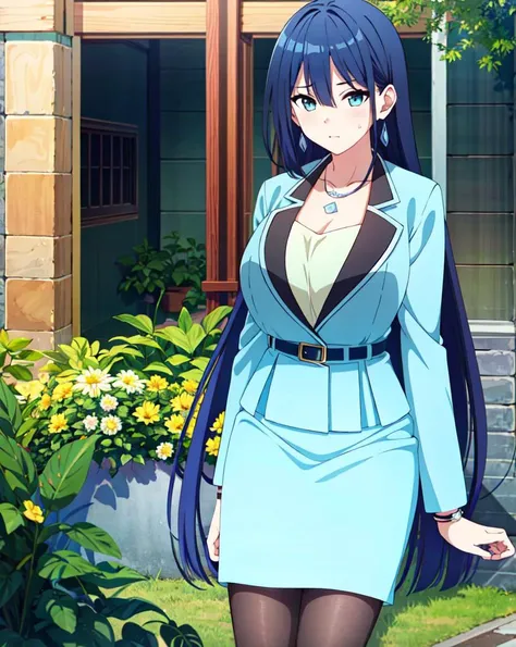 (masterpiece:1.2),best quality,highest quality,intricate,original,highres,absurdres,8k,ultra-detailed,(detailed eyes:1.2),official art,illustration,, ,(1girl:1.2), (full body:1.3), ,slender,(Purple rose:0.8),
sunlight, .outdoors,(indigo:0.2),
<lora:add_detail:0.15> , <lora:ayano_yuugiri:1>,ayano yuugiri,,earrings necklace blue jacket shirt belt blue skirt pencil skirt black pantyhose earrings necklace,