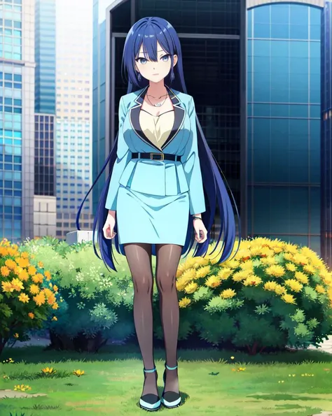 (masterpiece:1.2),best quality,highest quality,intricate,original,highres,absurdres,8k,ultra-detailed,(detailed eyes:1.2),official art,illustration,, ,(1girl:1.2), (full body:1.3), ,slender,(Wisteria:0.8),
sunlight, .outdoors,(indigo:0.2),
<lora:add_detail:0.15> , <lora:ayano_yuugiri:1>,ayano yuugiri,,earrings necklace blue jacket shirt belt blue skirt pencil skirt black pantyhose earrings necklace,