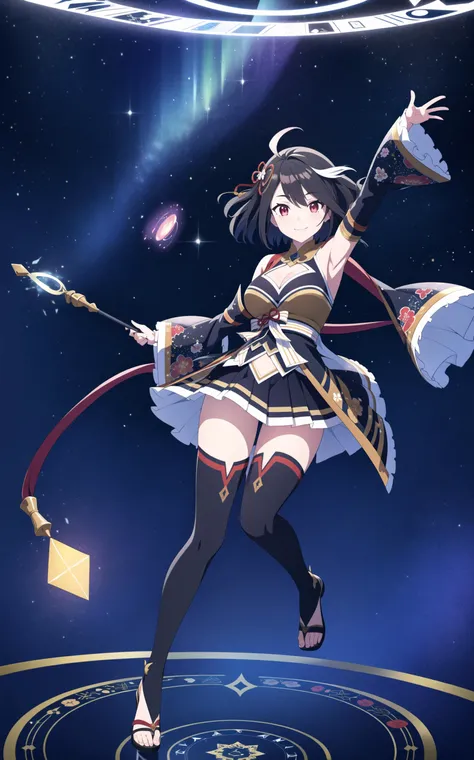 (extremely detailed CG unity 8k wallpaper), (masterpiece), (best quality), (ultra-detailed), (best illustration), (best shadow), (absurdres), 1girl, solo BREAK
aakitasan, short hair, streaked hair, hair ornament, medium breasts, cleavage, clothing cutout, detached sleeves, shimenawa, skirt, black thighhighs, <lora:kitasan_black_v1:0.7> BREAK
surrounded by glitter aura, casting spell, Electro spell, thunder spell, alchemy circle below her, ((complex spell cast circle below her feet)), BREAK
smile,full body, detailed, action pose, glass, reflections, vibrant lights, aurora, backlit, floating in aether, universe, portal in space, mists,BREAK
Rendered in VRAY,bloom effect,beautiful,natural volumetric lighting,colorful,high detail, BREAK
(perfect hands, perfect anatomy) <lora:Casting_Spell:0.8>